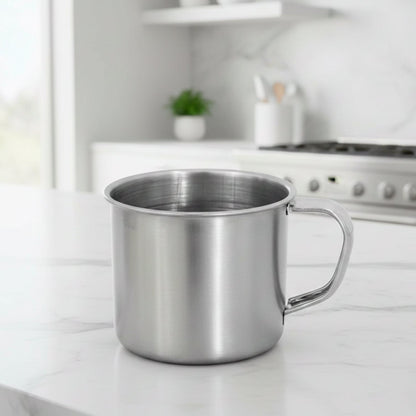 Steel drinking mug designed for home, camping, and travel utility