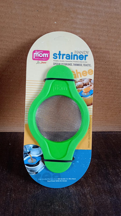 Full angled view of stainless steel mesh strainer with dual handles