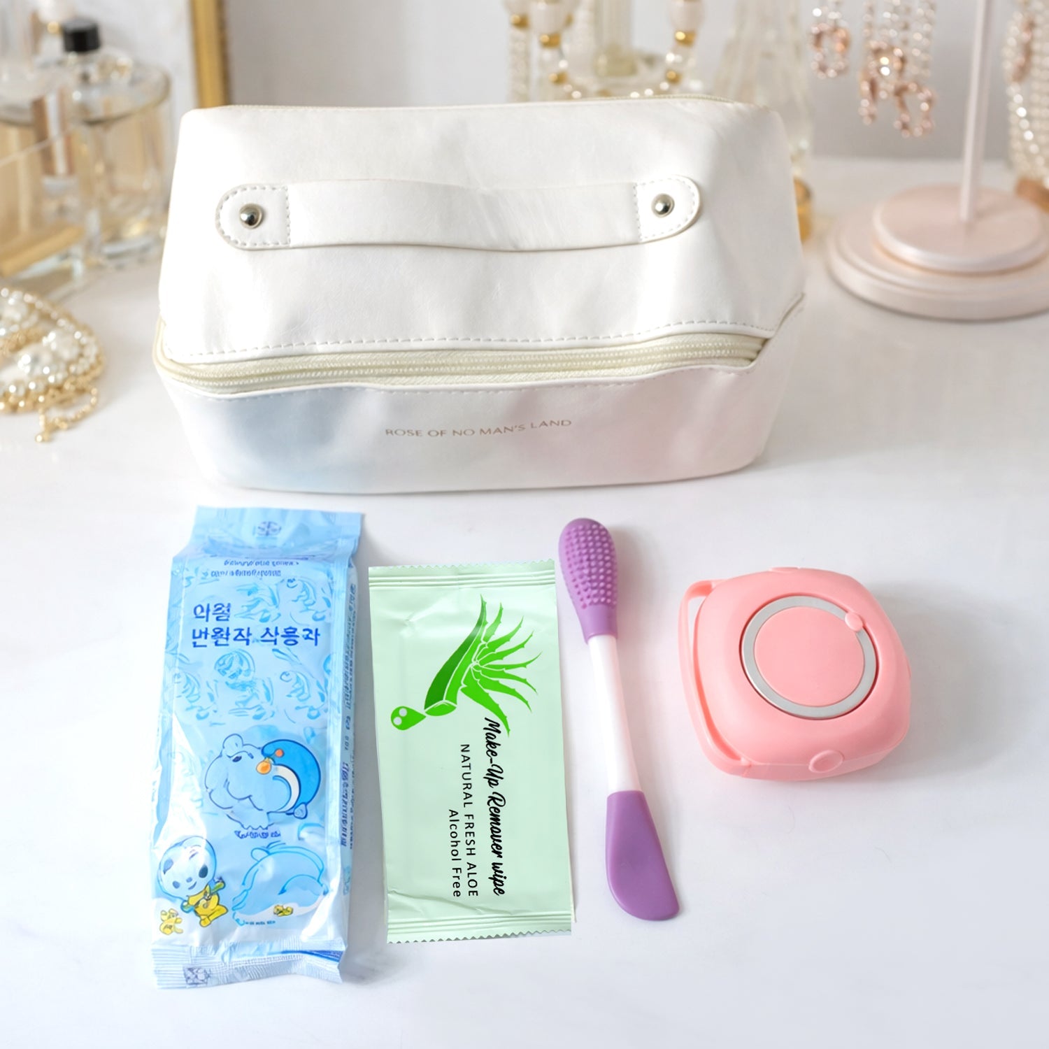 Makeup remover wipes included in women travel hygiene kit