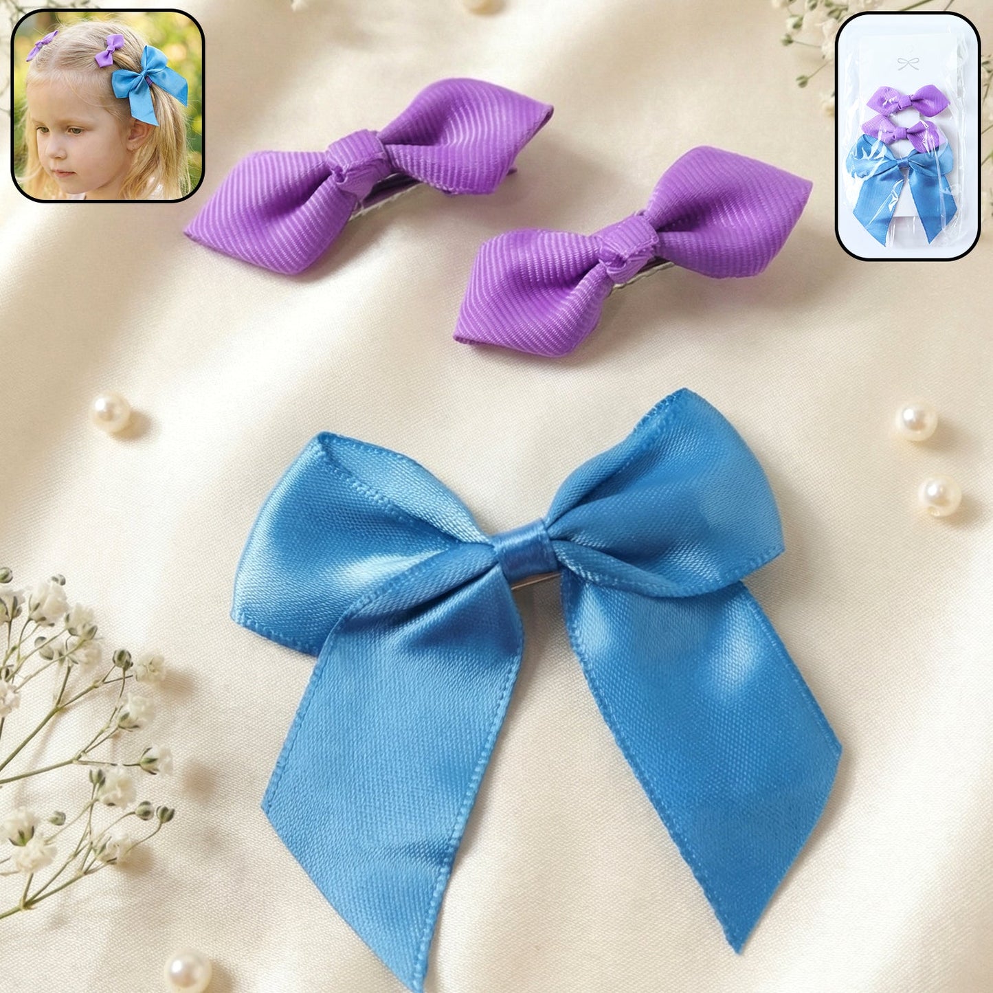 Set of 3 satin ribbon bow hair clips for girls with elegant design