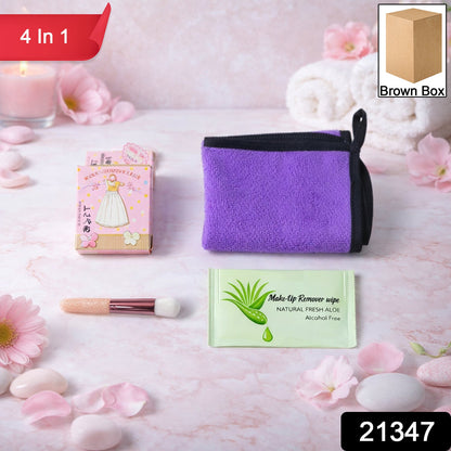 Using gentle makeup remover wipe and soft reusable cleansing cloth from beauty care set