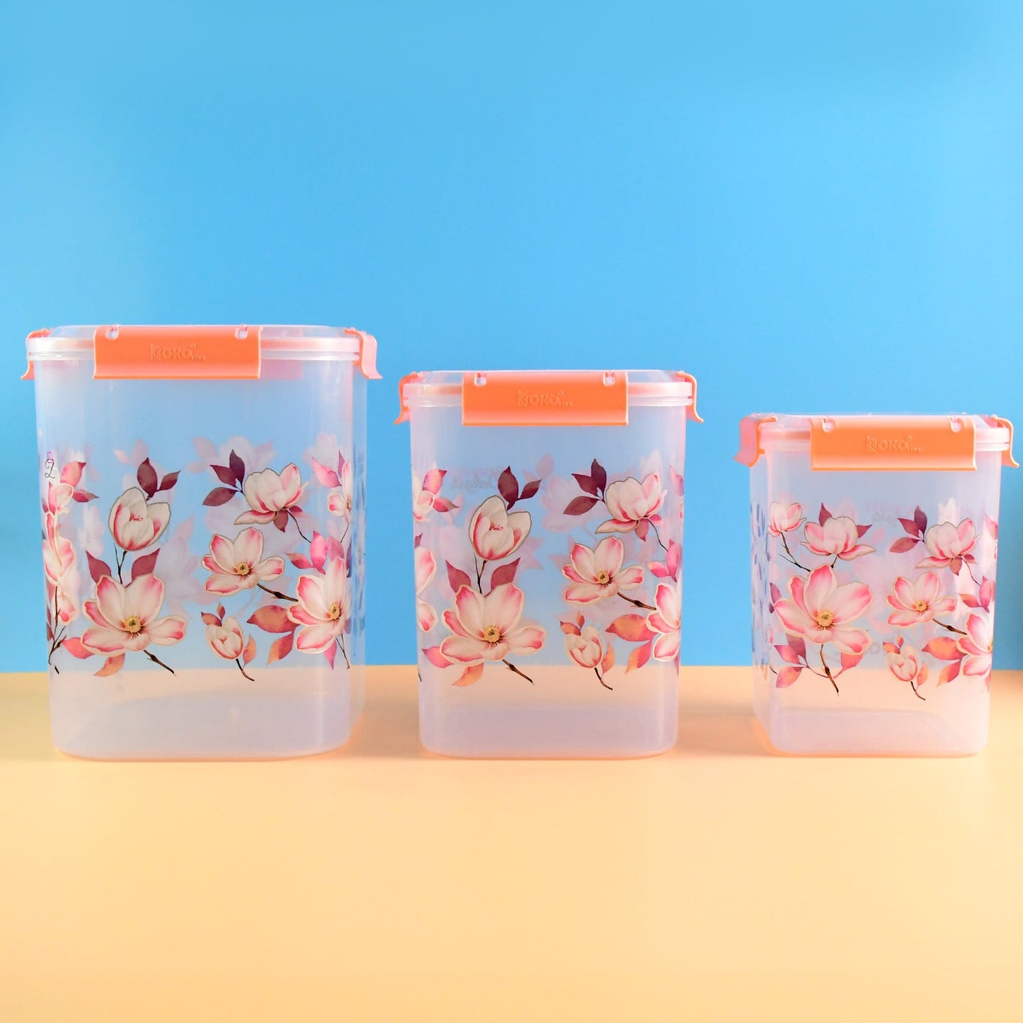 Front view of the 3-piece floral airtight food storage container set.