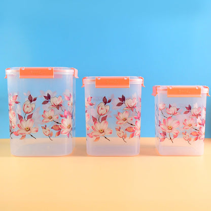 Front view of the 3-piece floral airtight food storage container set.