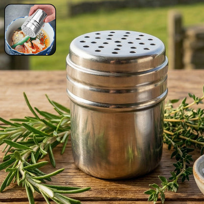 Stainless steel spice shaker container with perforated lid for even seasoning