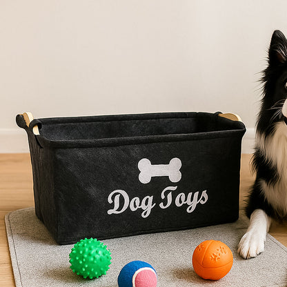 Felt Pet Toy Storage Basket with 'Dog Toys' print for organised play area.