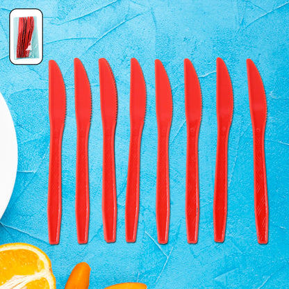 Pack of 8 durable red plastic knives with serrated edges for easy cutting