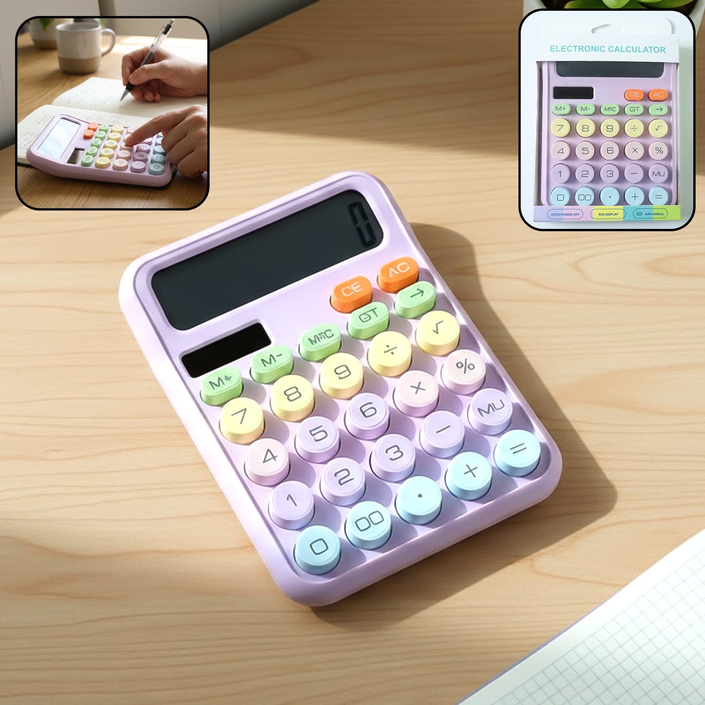 Colorful soft multicolor keys on electronic desktop calculator