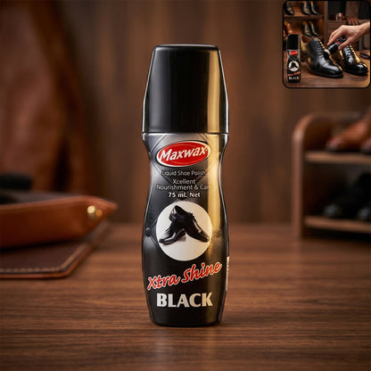 Maxwax black liquid shoe polish bottle with sponge applicator for easy use