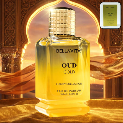 Luxurious Bellavita oud perfume bottle showing elegant gold design