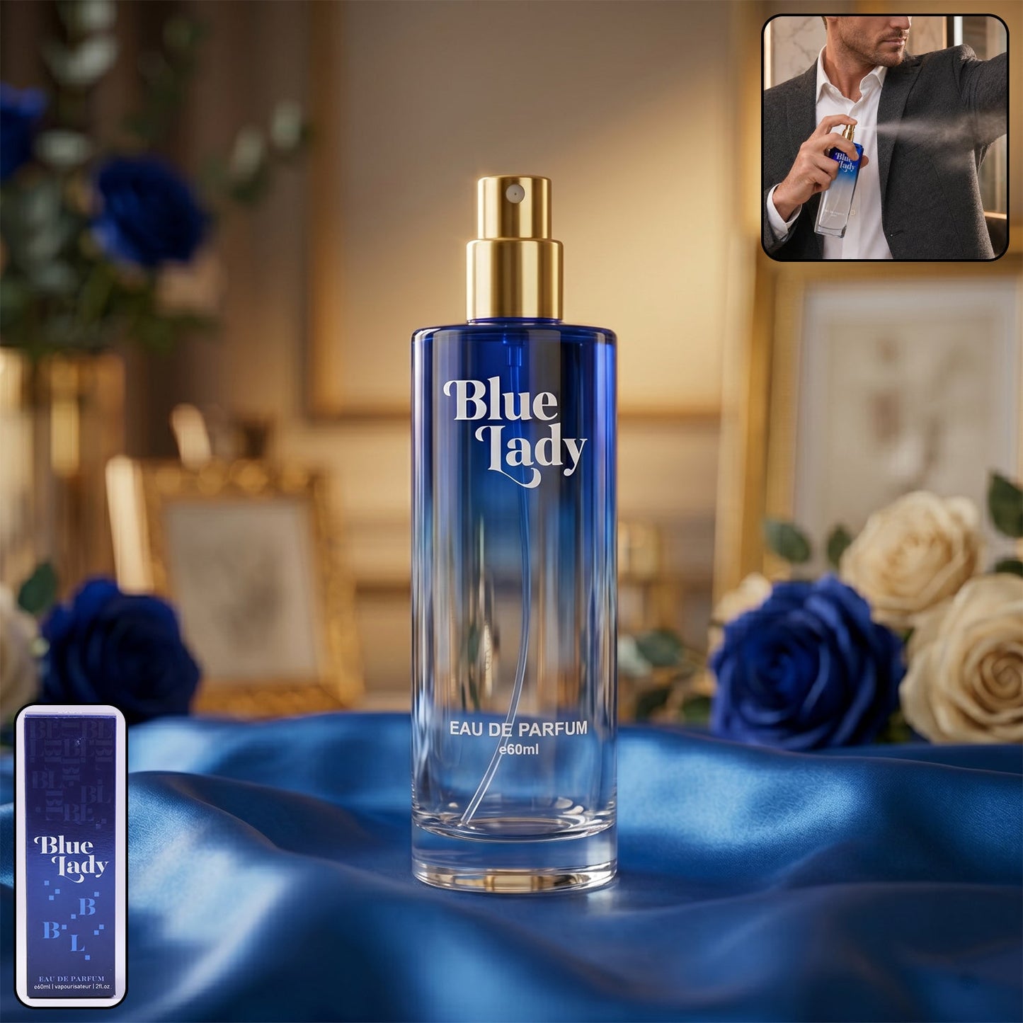 Front view of Blue Lady Eau De Parfum spray bottle