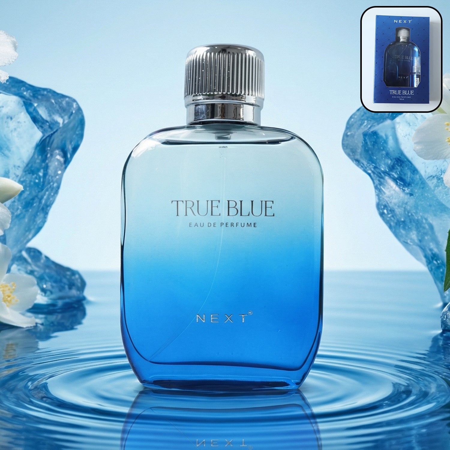 Next True Blue eau de perfume 100 ml bottle showcasing stylish design
