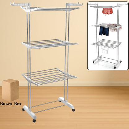 3-tier foldable Cloth Drying Stand in stainless steel with wheels, shown open for use.