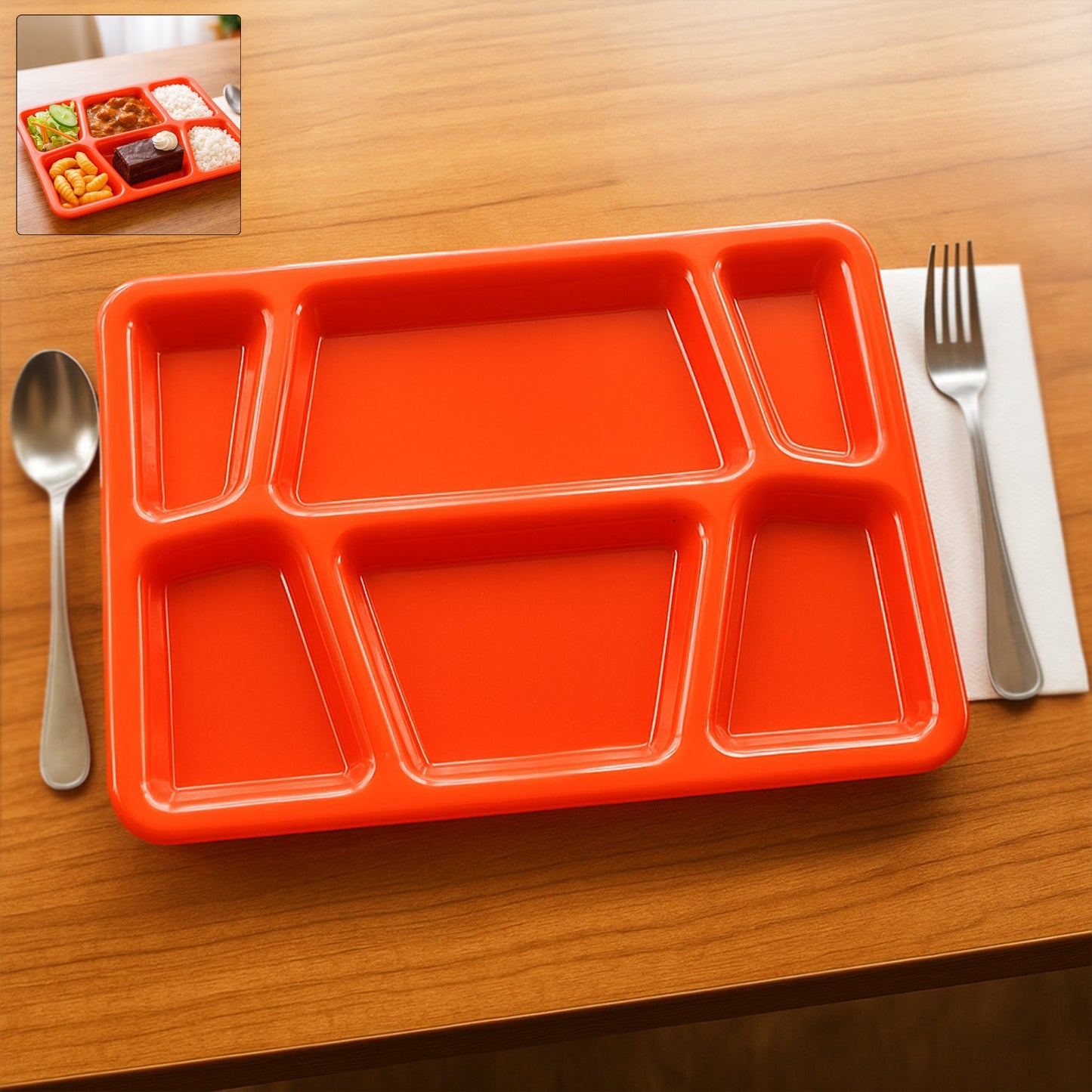 Red plastic multi-compartment rectangular meal serving tray with six sections