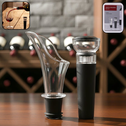 Elegant wine pourer and vacuum stopper set for drip-free serving