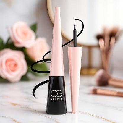 Close-up of matte liquid eyeliner packaging with OG Beauty Mystic Eyeliner branding
