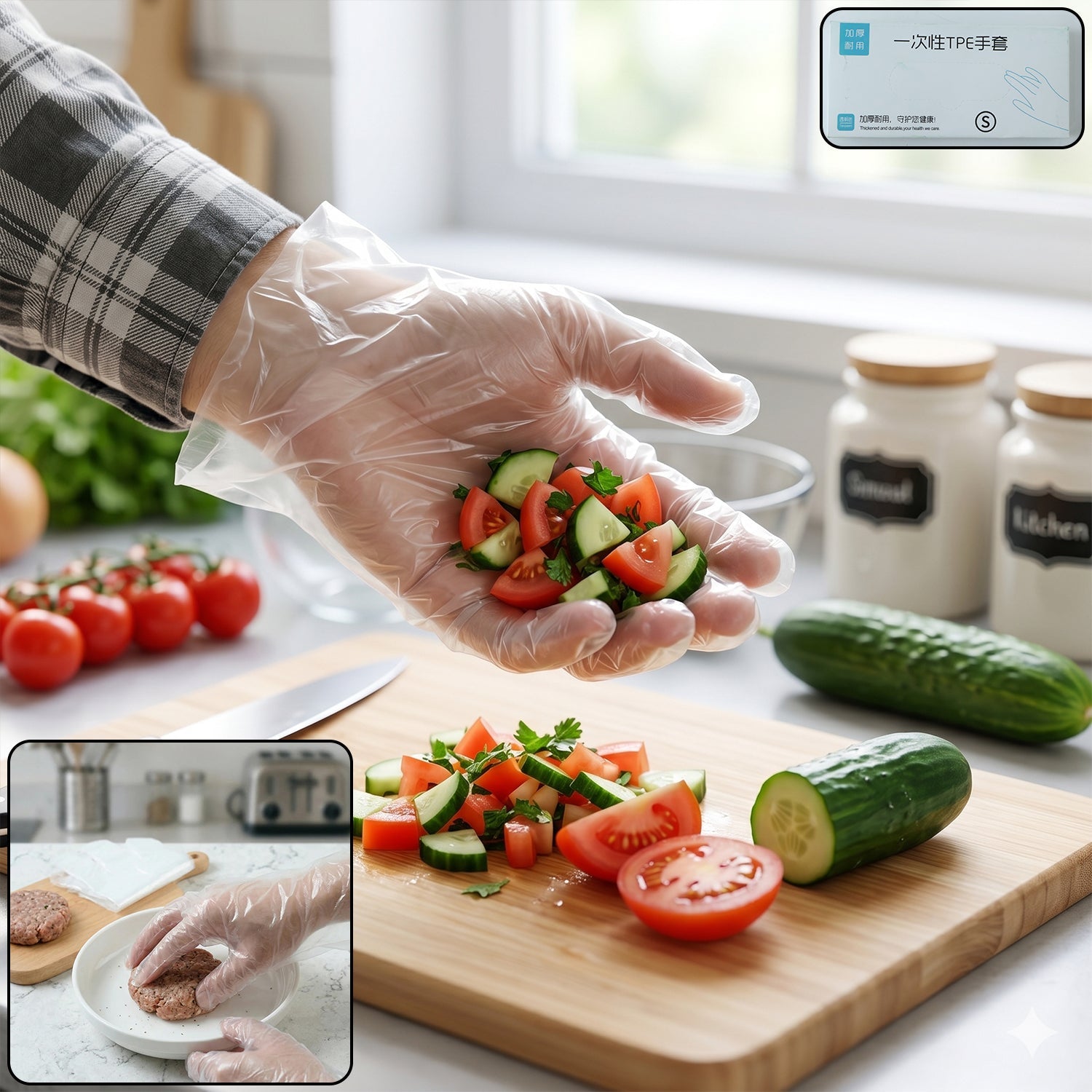Clear disposable plastic gloves ideal for food handling and cleaning tasks