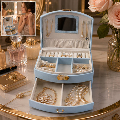 Elegant multi-layer jewelry storage box with mirror and compartments for rings, earrings, necklaces in India