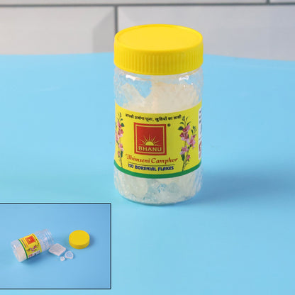 Jar of Bhimseni Camphor ISO Borneol flakes for home pooja and fragrance