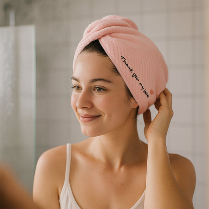 Turban style microfiber hair drying towel wrap with embroidered text