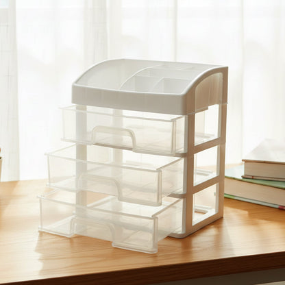 Front view of 3 layer multipurpose desktop organizer with clear drawers