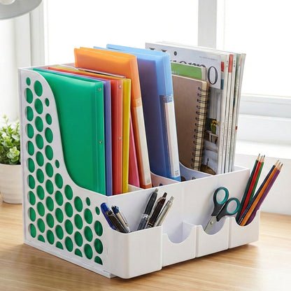 Side view of desk organizer stand holding files and books vertically.