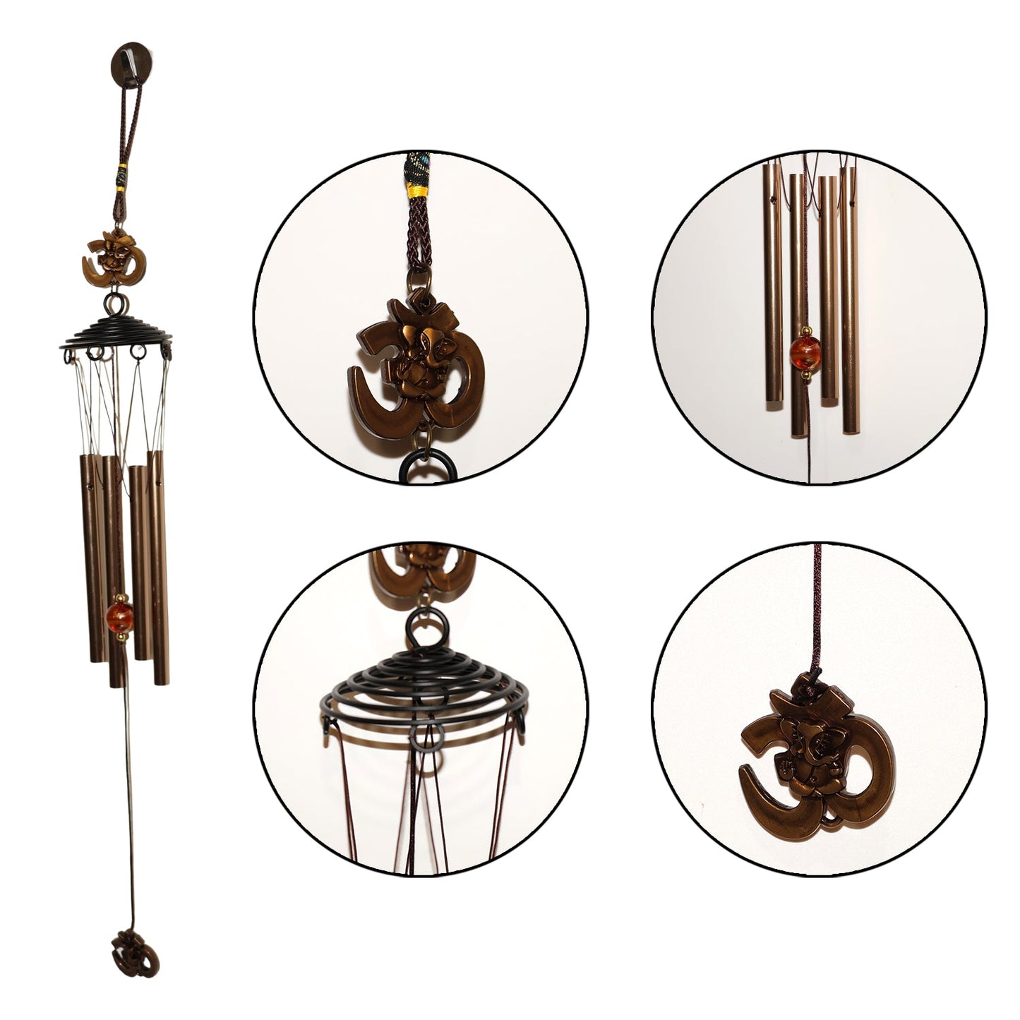 Indoor setting with metal wind chime featuring Om symbol
