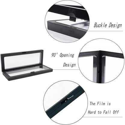 Side angle of transparent jewellery display box showing floating suspension design