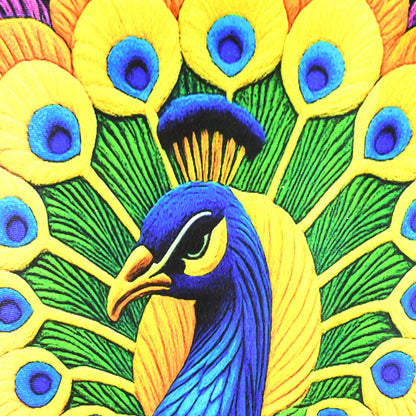 Soft velvet texture detail of vibrant peacock floor mat