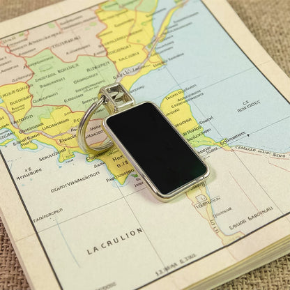 Black and silver rectangular metal keychain accessory with sturdy build
