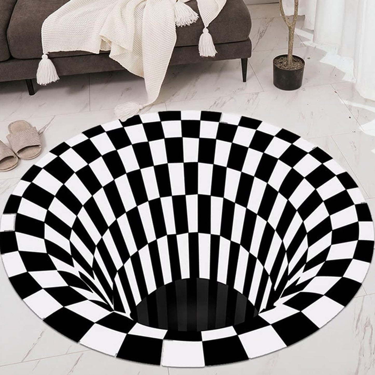 3D space round carpet with checkered vortex optical illusion design