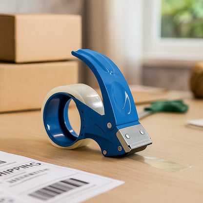 Close-up of heavy-duty tape cutter showing serrated steel blade