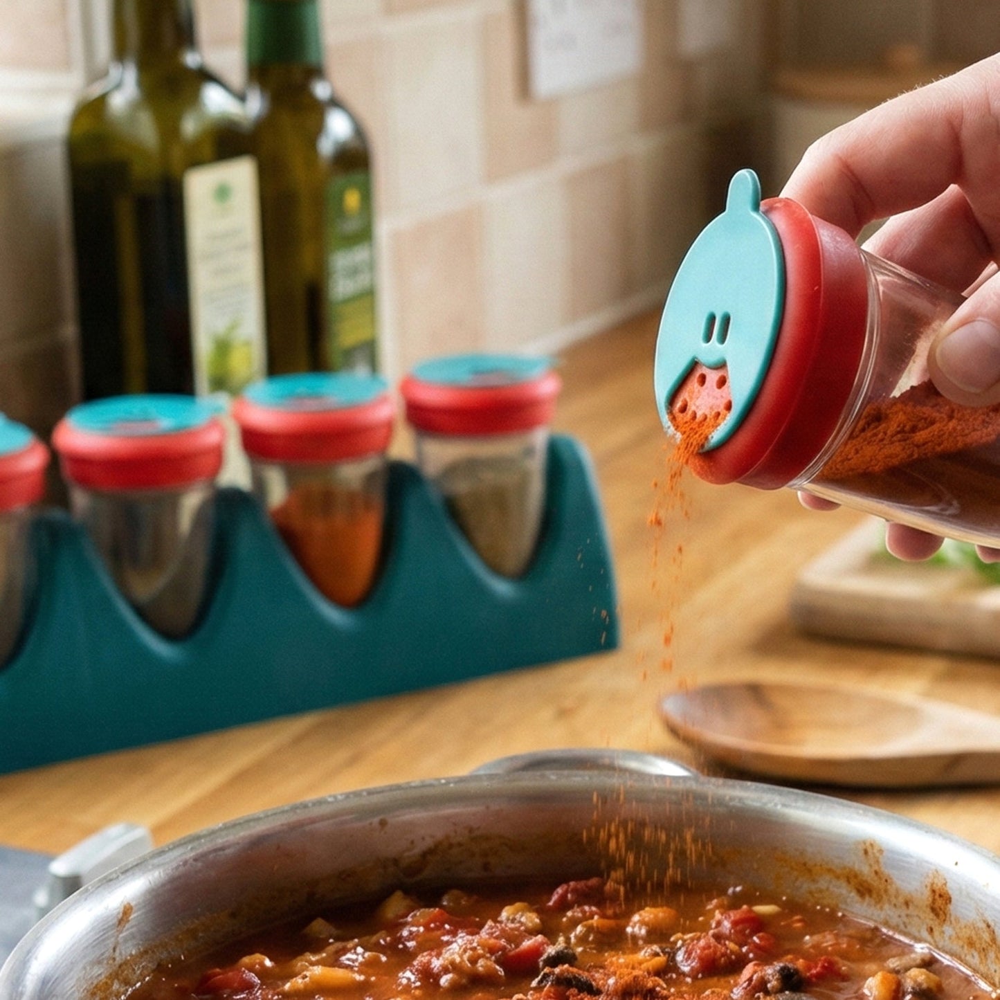 Spice shaker set with clear containers and sturdy stand for spices