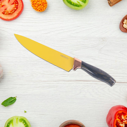 Yellow coated stainless steel blade close-up of kitchen knife set