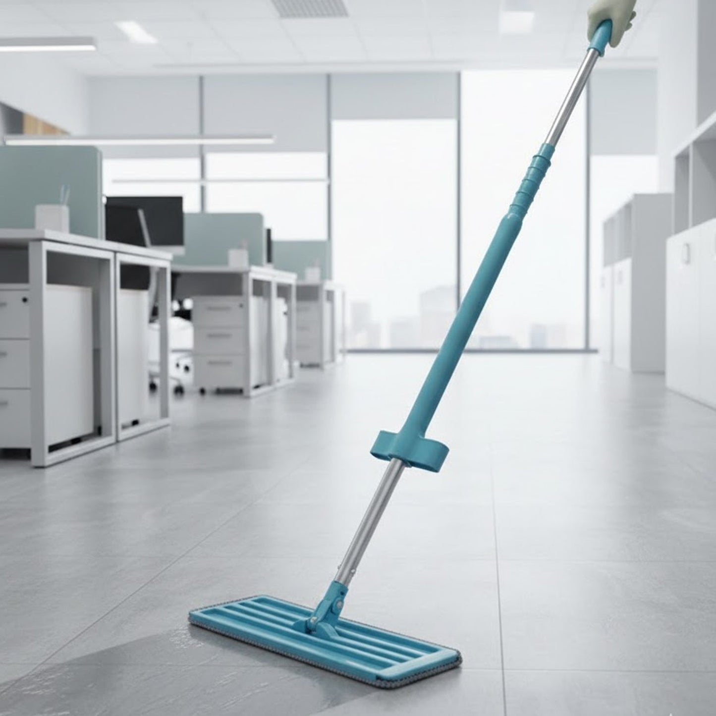 Ergonomic long handle of flat floor cleaning mop for comfortable grip