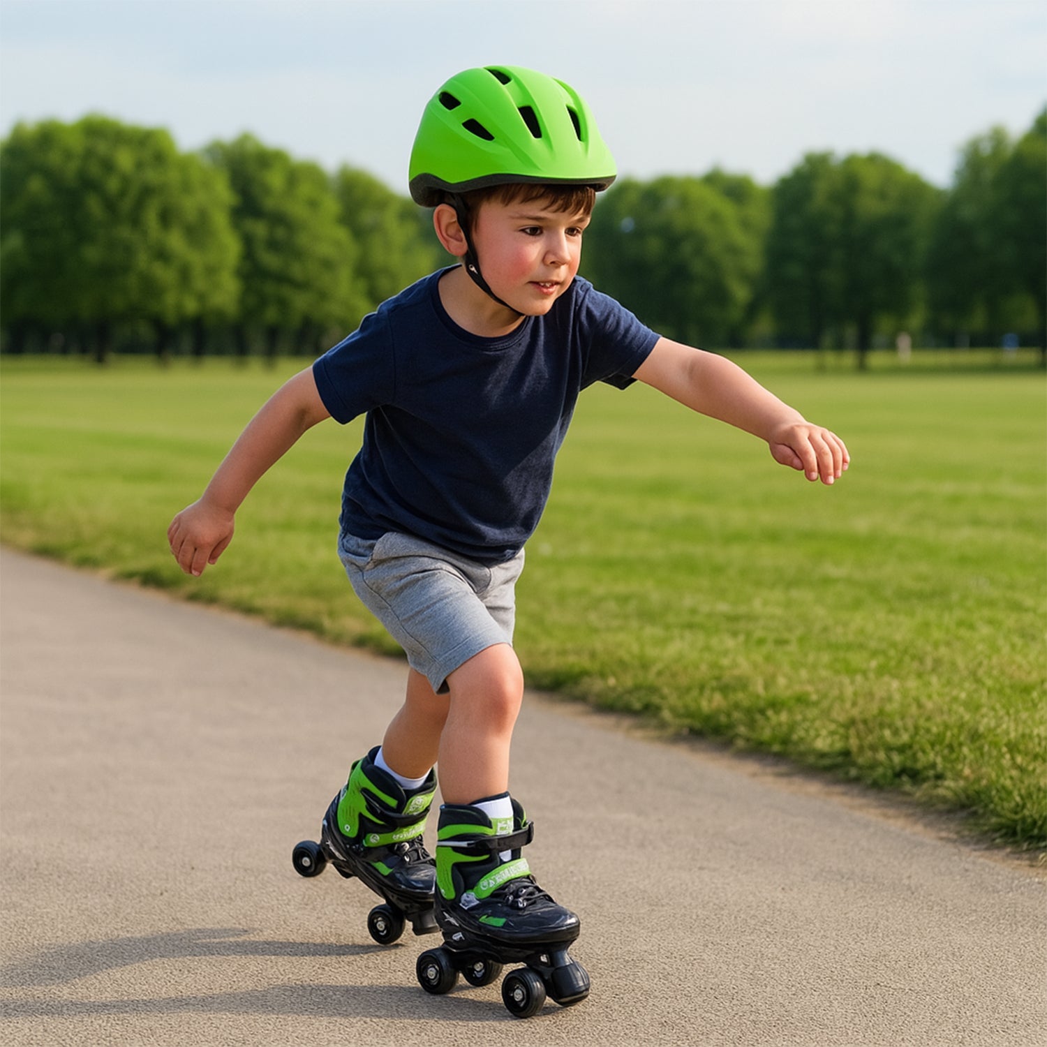 Adjustable kids roller skates with PU wheels and toe stop brake