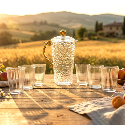Set of tumblers matching the textured glass water jug for serving beverages