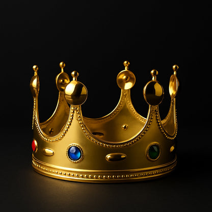 Golden royal crown decorative headpiece with multi-colored gems