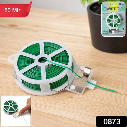 Flexible green twist tie roll with built-in cutter for home organization