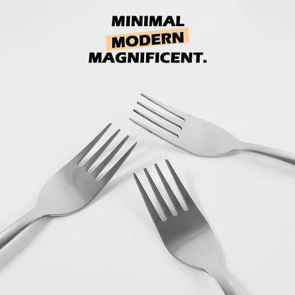 Stainless steel dinner forks featuring ergonomic handles for comfortable grip.