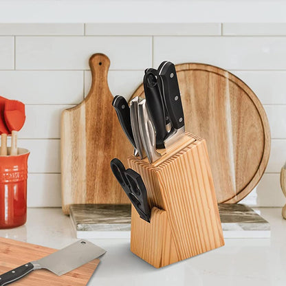 Cooking knife block set featuring knives with high-definition serrations and wooden holder