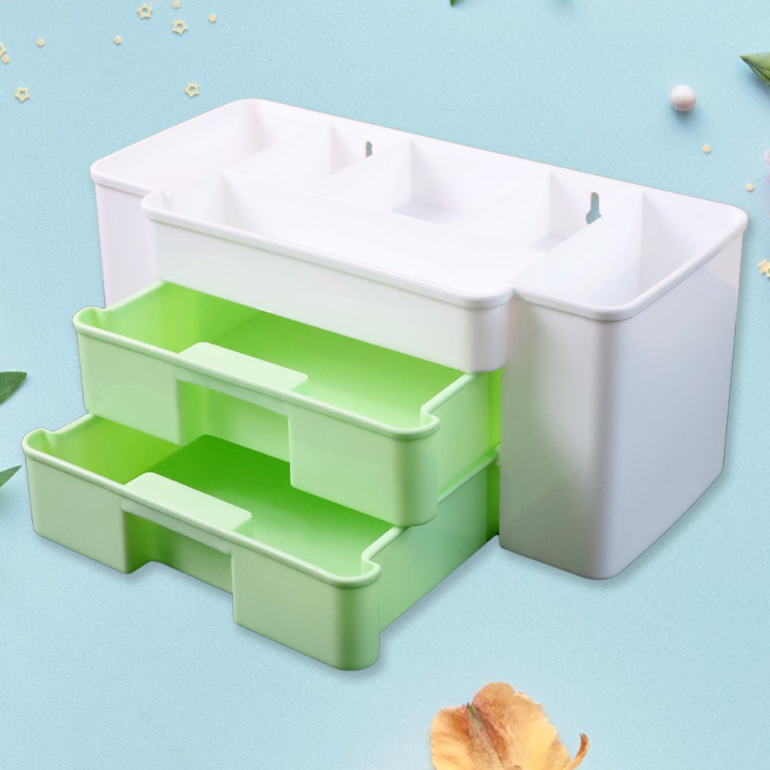 Multi-purpose desk storage rack holding makeup brushes, compacts, and beauty essentials.