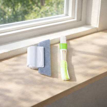Multipurpose window and surface cleaning tool set featuring sponge and microfiber brush