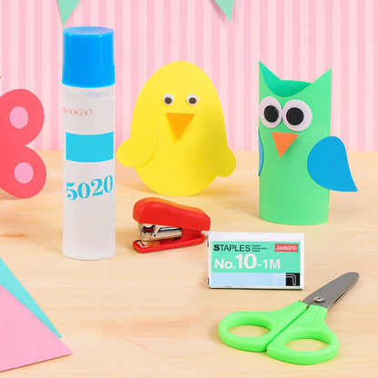 Kids crafting and stationery set including safety scissors, stapler, glue, and staples in vibrant colors