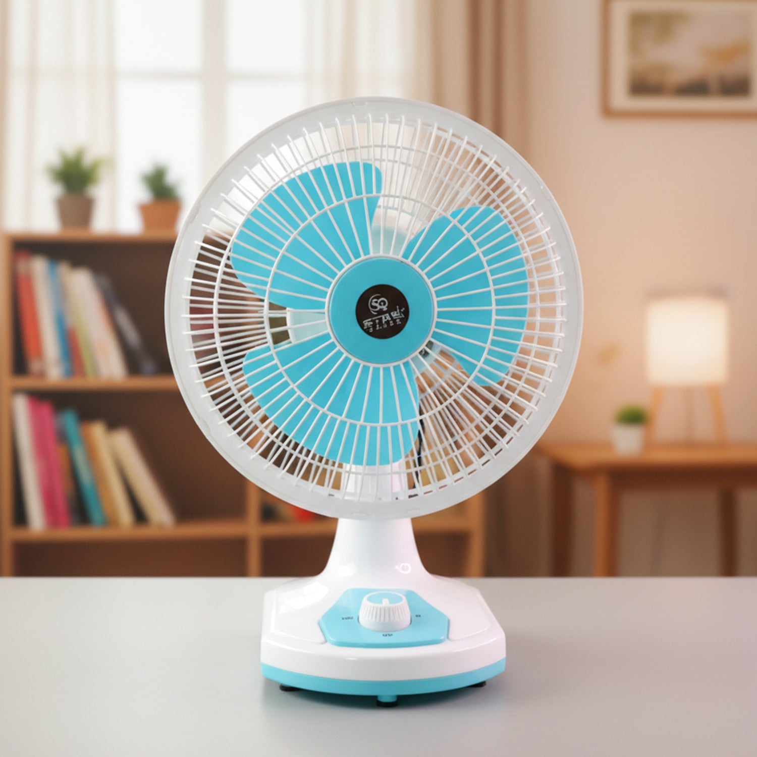Compact desk fan with safety grill and space-saving design