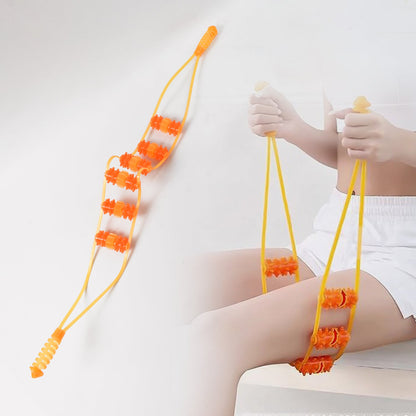 Using the handheld rope massage roller on the shoulder