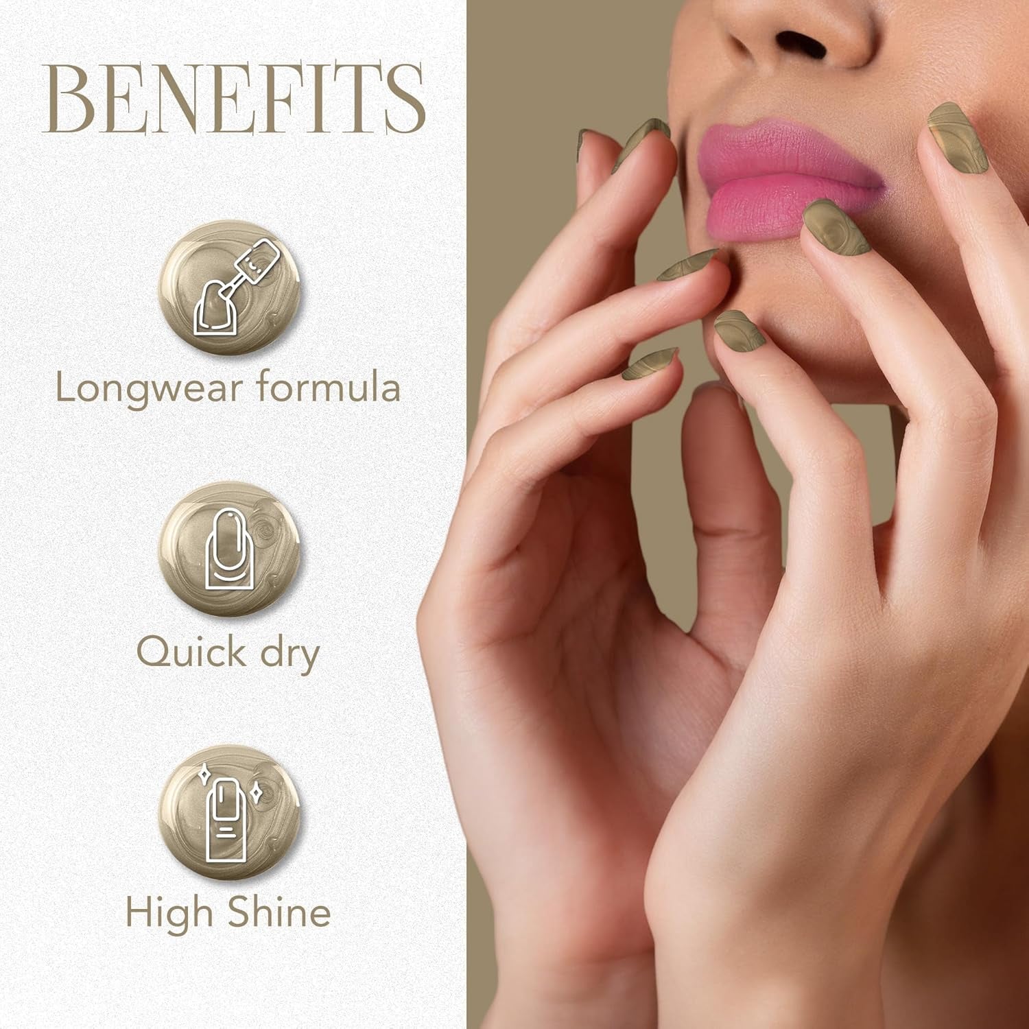 Gold metallic nail polish showing smooth, glossy finish ideal for parties
