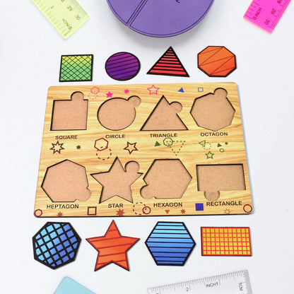 Learning board puzzle pieces made of smooth wood with bright illustrations