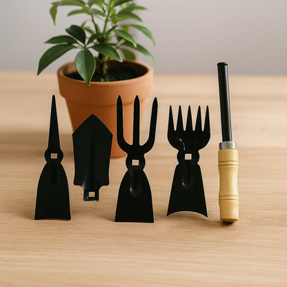 5 in 1 gardening hand tool set with wooden handles laid out