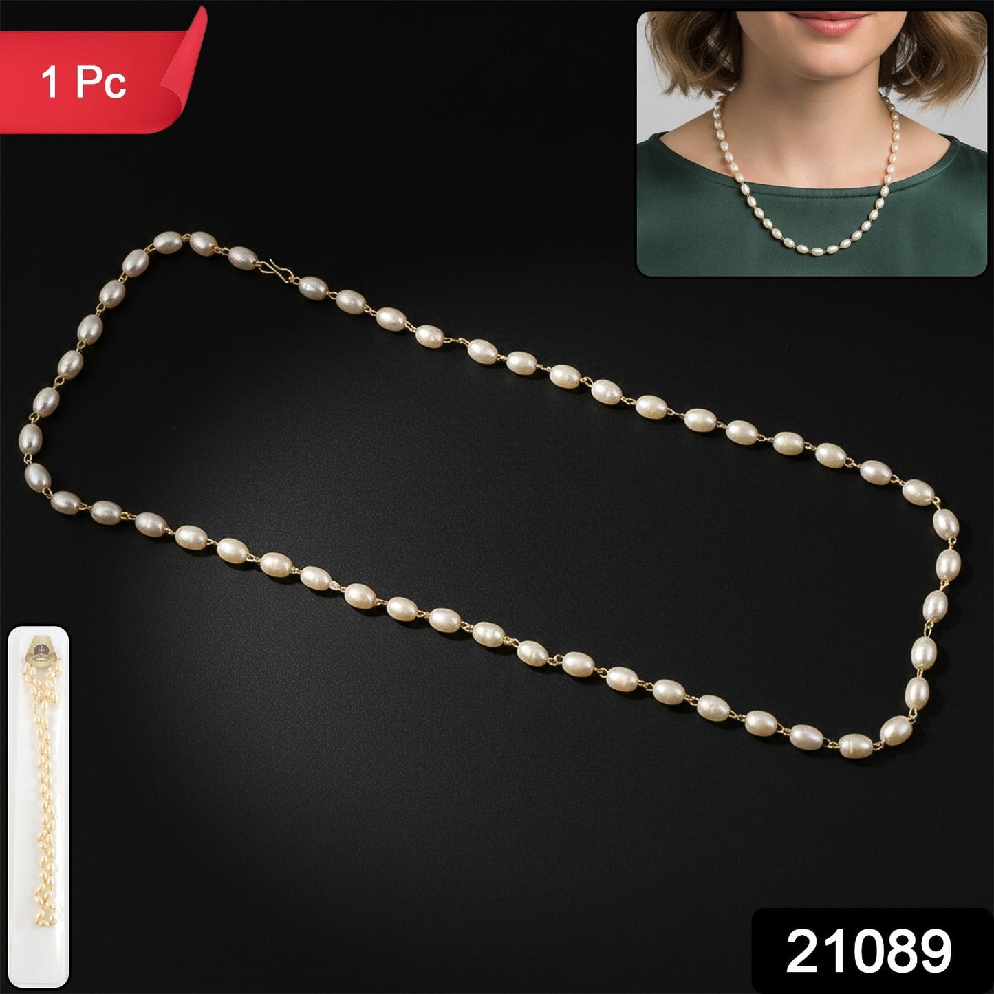 Woman showcasing elegant pearl necklace with golden accents