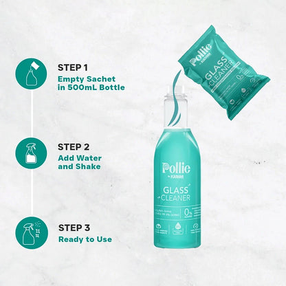 Wide view of concentrated glass cleaner refill kit showing sachets and spray bottle.